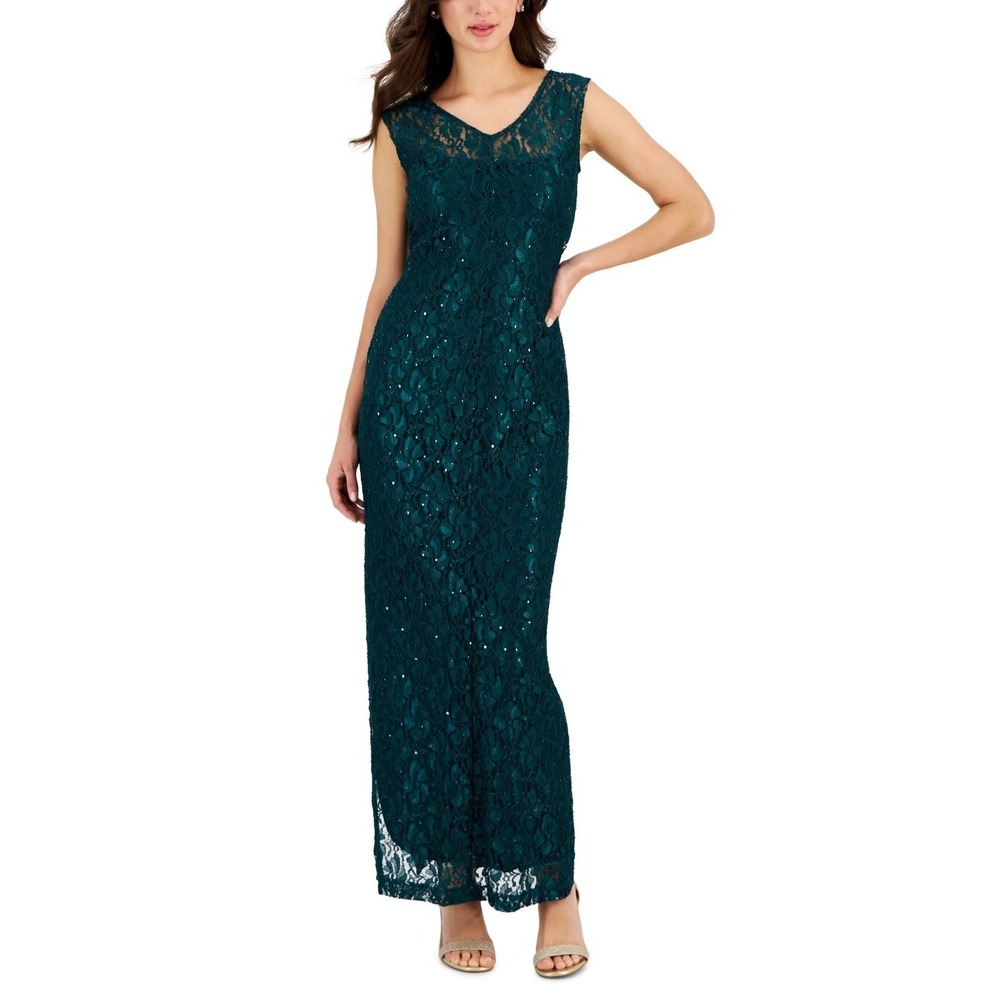 New Connected Apparel Women's 4 Green Floral Lace Sequined Maxi Evening Dress